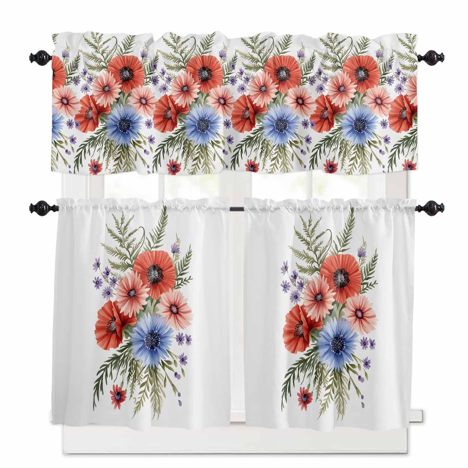 Flower Kitchen Curtains 24 Inch Length,3 Piece Rod Pocket Small Half Tiers and Valance Set,Patriotic Red Blue Pink Poppy Flowers Watercolor Small Large Window Treatment Decor for Bedroom/Bathroom