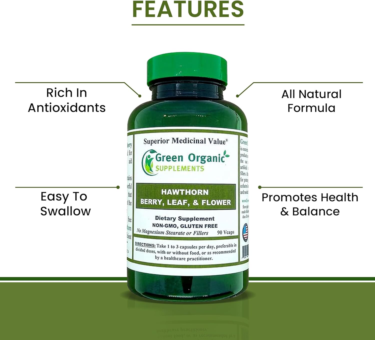 Green Organic Supplements Hawthorn Berry Capsules, Leaf, Flower, Hawthorn Supplements Contains 90 Capsules, Natural Hawthorn Herbs for Cardiovascular Health & Natural Heart Care (Pack of 2)