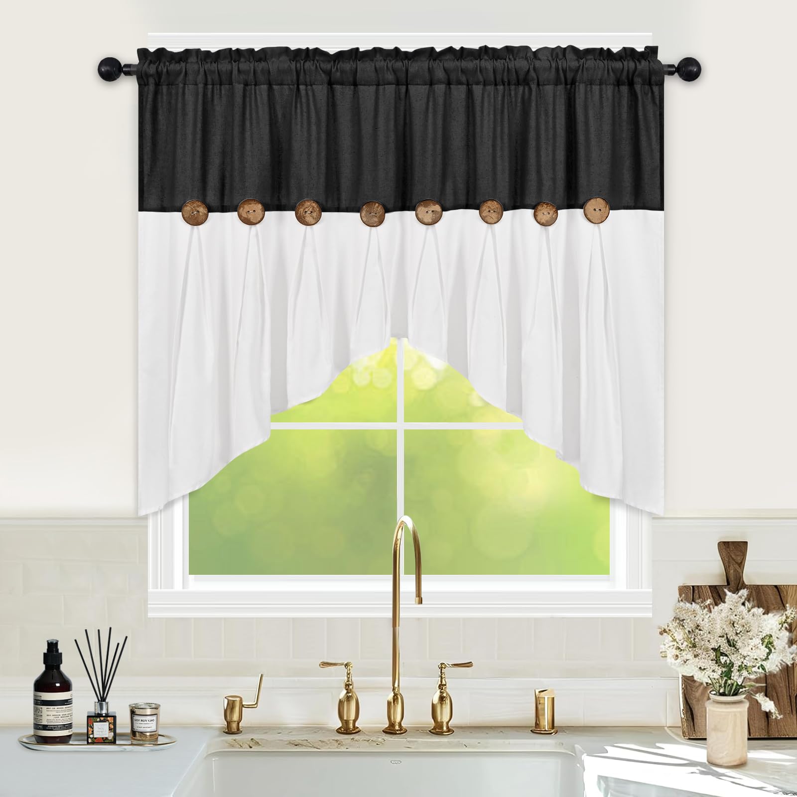FRAMICS Farmhouse Swag Curtain, Boho Cotton Linen Valance Curtain, Black Rustic Button Window Valance for Kitchen Bathroom Bedroom, Country Rod Pocket