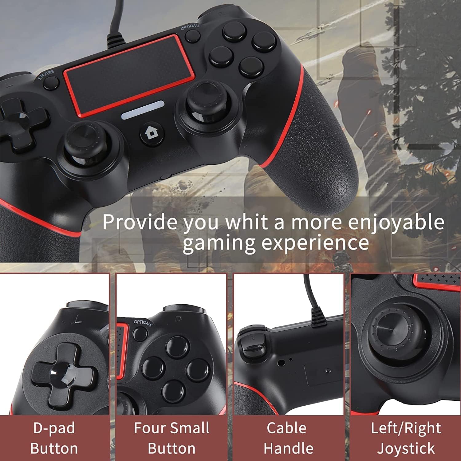 Intckwan Kabelgebunden Game Controller für PS-4 / Pro/Slim/Laptop/PC(win7/8/10), Wired Gamepad Joystick mit Vibration und Anti-Rutsch-Griff, Ergonomie(Schwarz & Rot)