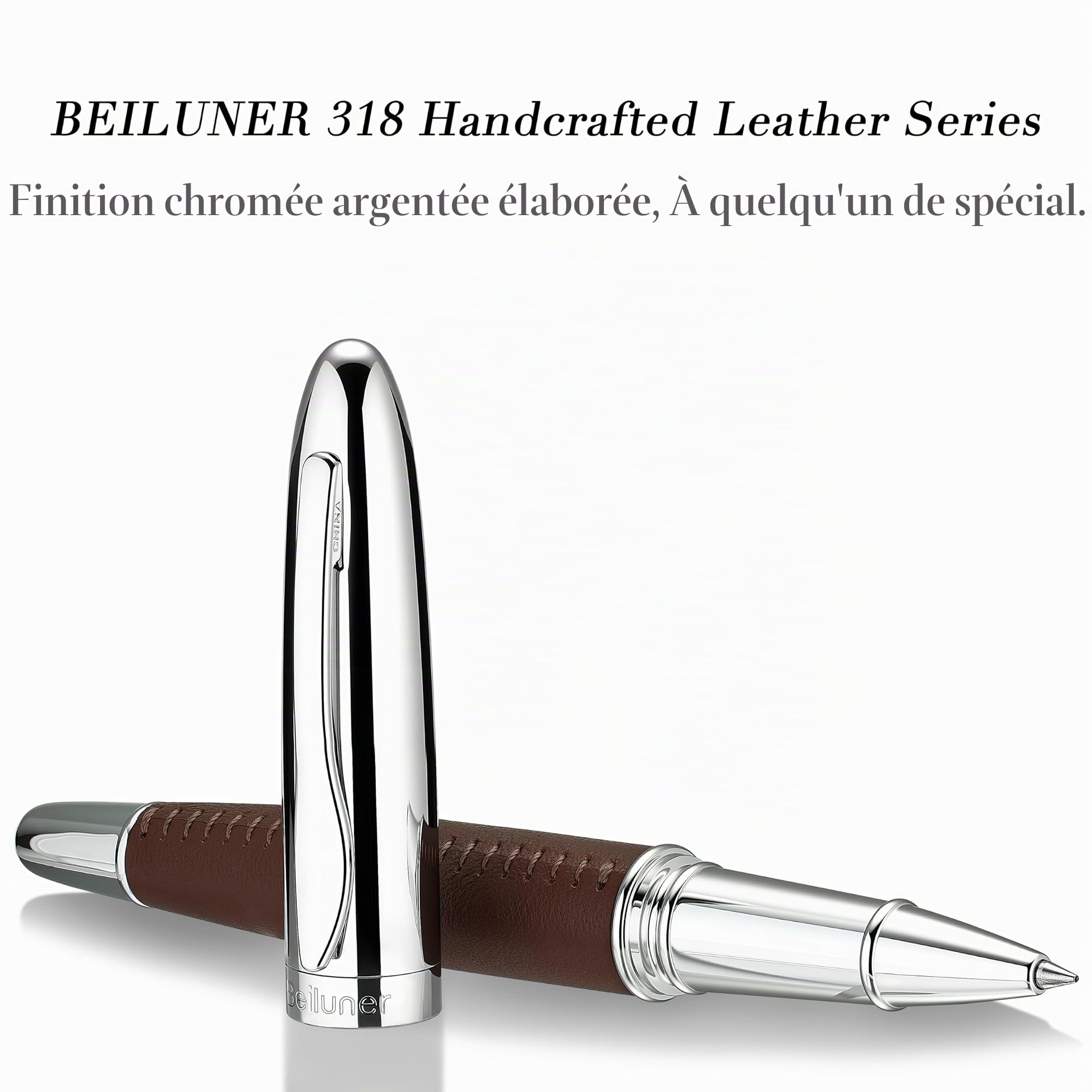 BEILUNER Stylo Cuir de Luxe 318, Cuir Premium Cousu Main, Finition Chromée, Recharge Schmidt, Meilleur Cadeau Rollerball Rechargeable pour Homme & Femme, Idéal pour l'Écriture Exécutive