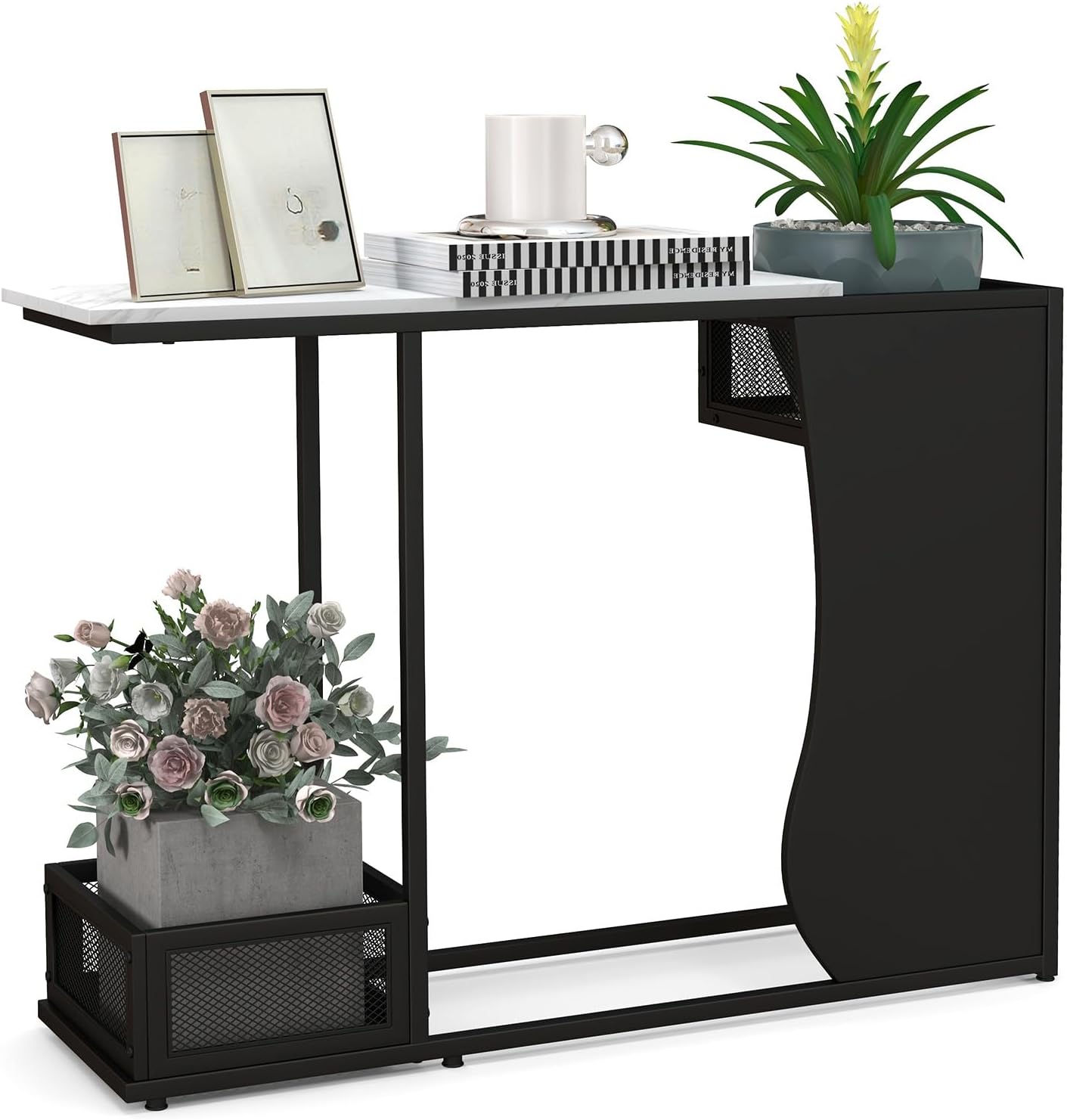 Giantex 43.5" Console Table for Entryway - Modern Entry Table with Faux Marble Top, 2 Mesh Storage Compartments, Metal Frame, Foyer Table, Narrow Sofa Table for Living Room, Hallway, White + Black