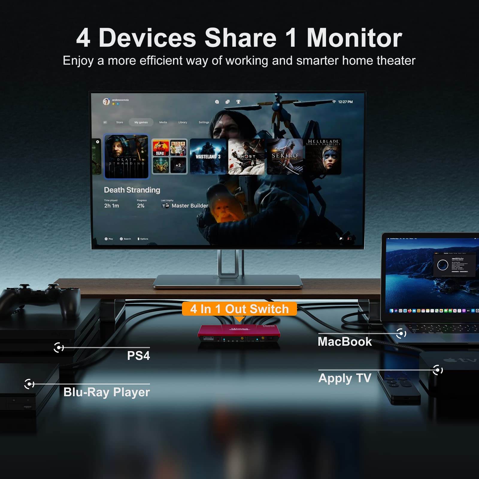 TESmart HDMI Switch 4K 60Hz HDMI Switcher HDR 4 Entradas 1 Salida HDMI Splitter con Mando a Distancia IR Contral&2.0/5.1 Salida de Audio Compatible con Full HD HD1080P 3D Dolby Vision