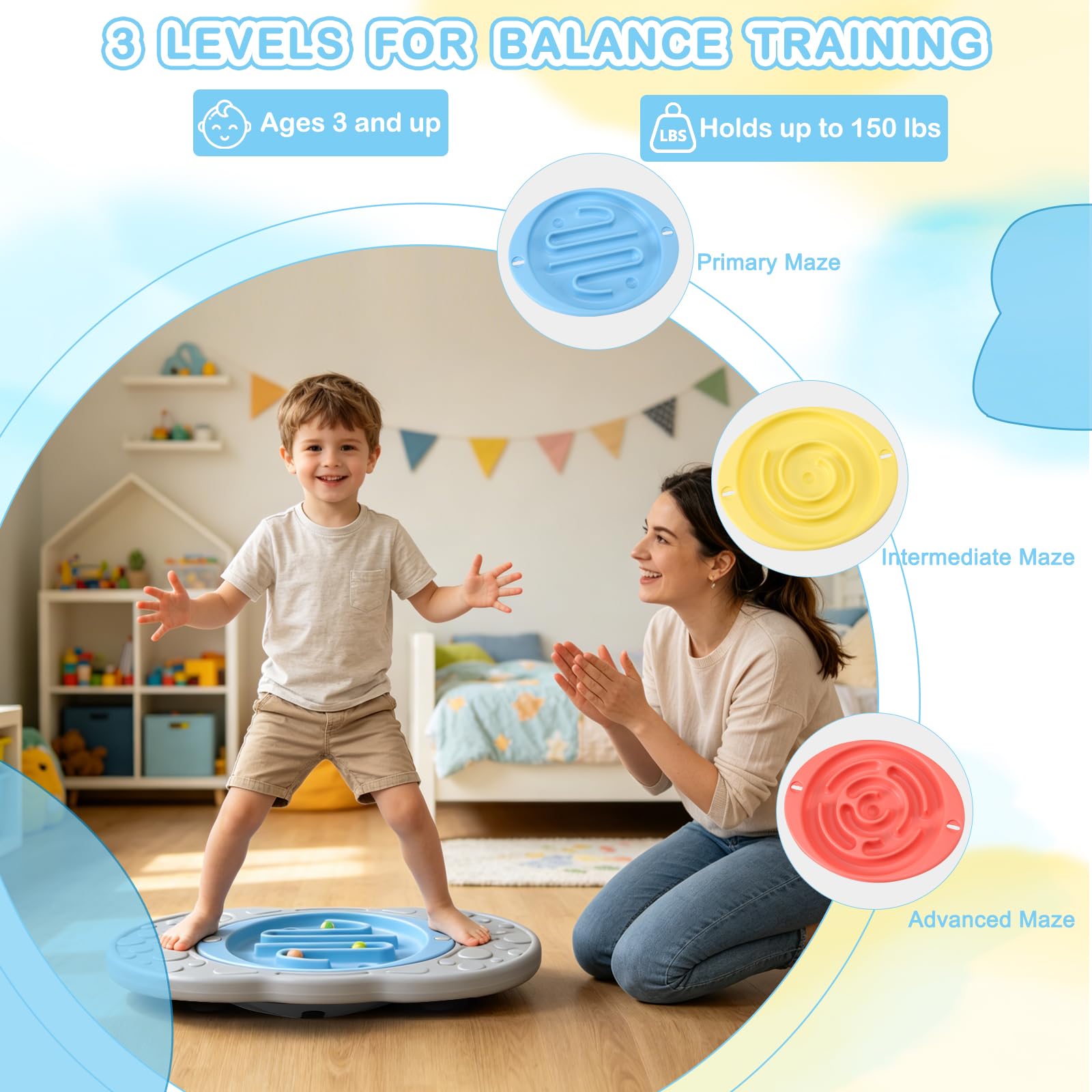 Balance Board mit Labyrinth für Kinder, Labyrinth Wackelbrett Schaukelwippe Sensorisches Training mit 2 Bällen & 2 Ersatz-Labyrinthscheiben, rutschfeste Pedale Indoor Outdoor für Jungen