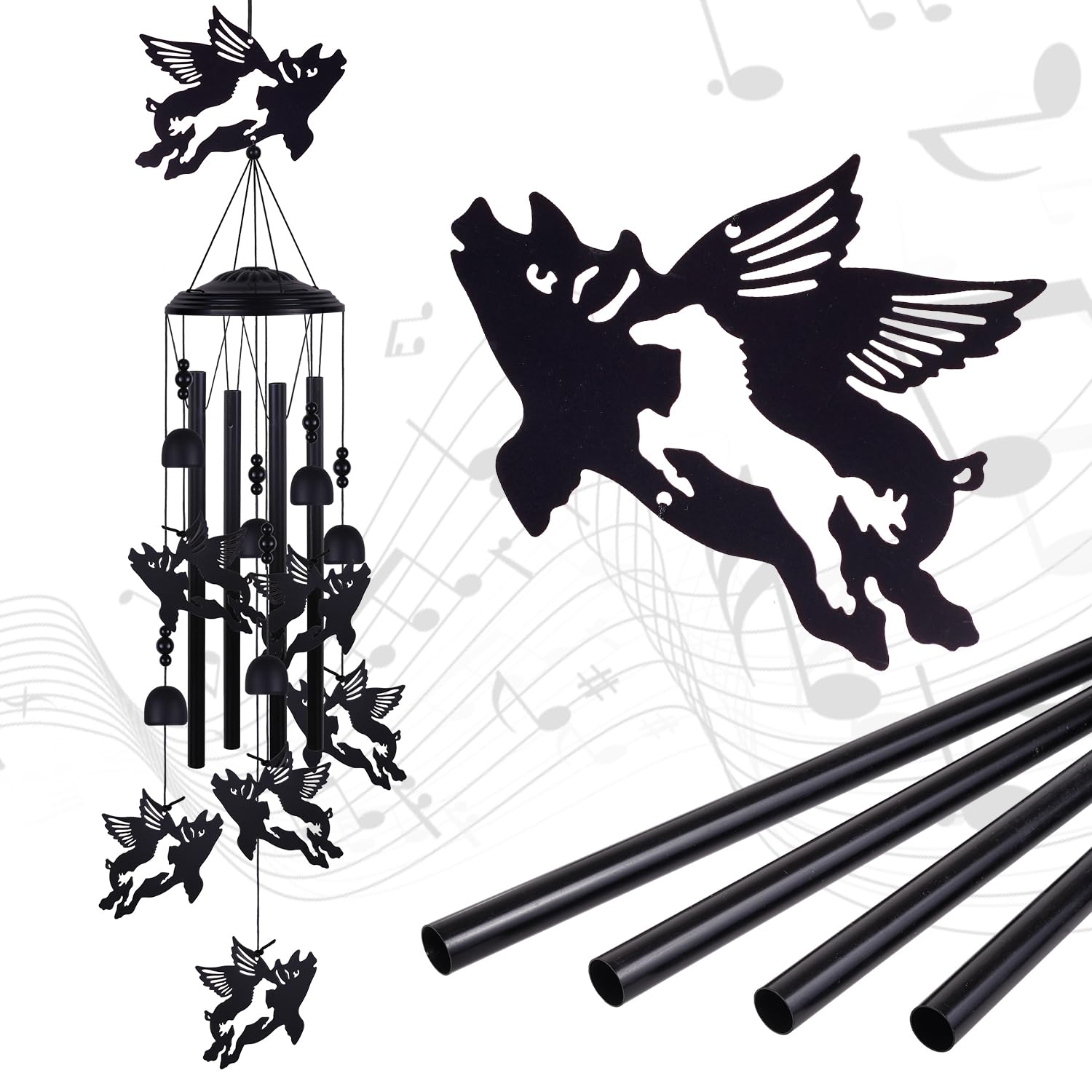Windspiel Mit 7 Fliegenden Schweinen – Garten-Deko Mit Glocken & Aluminiumrohren | 91 Cm | Geschenkidee