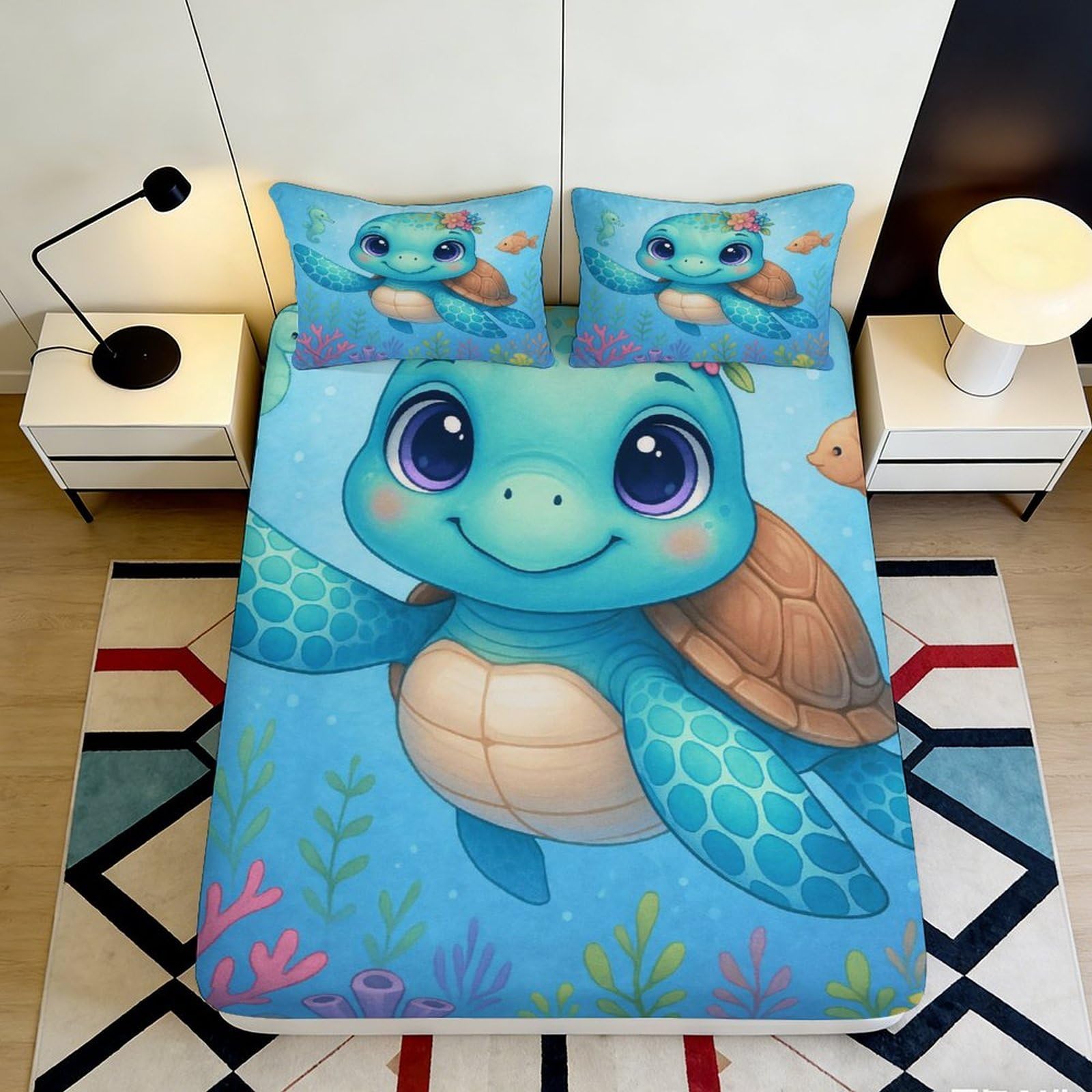 3D Printed Cartoon Turtle Fitted Sheet Microfiber Deep Pocket Non-Slip for Bedroom Cartoon Turtle Mattress Fitted Cover Soft Wrap 200x200x25cm 90x200x25cm