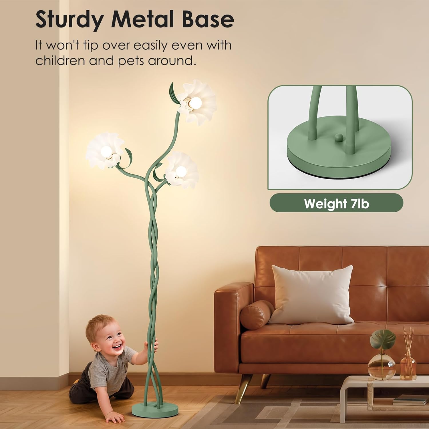 Floor Lamp for Living Room, 3 Lights Green Flower Lamp, Modern Tall Standing Lamp with 3 Color Temperatures Flexible Gooseneck, Mid Century Vintage Tree Floor Lamp for Bedroom Office