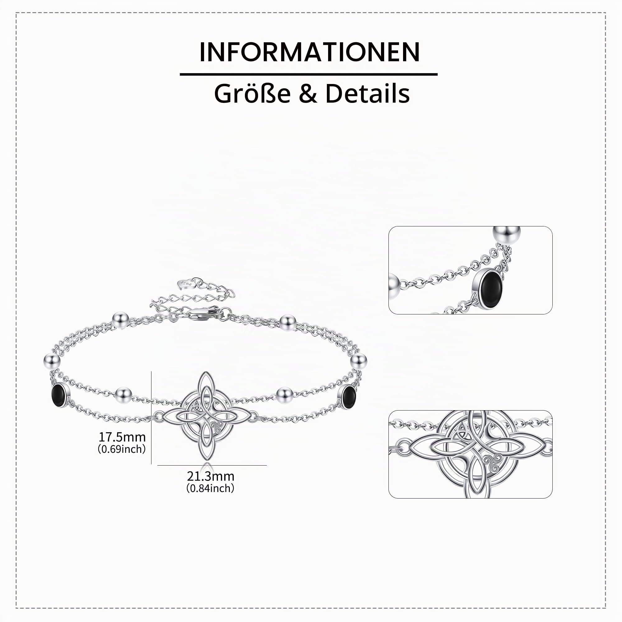 URONE Hexenknoten Armband aus 925 Sterlingsilber mit Schwarzer Onyx Keltischer Knoten mehrlagiges Armband Schmuck Geschenk‌ für Damen