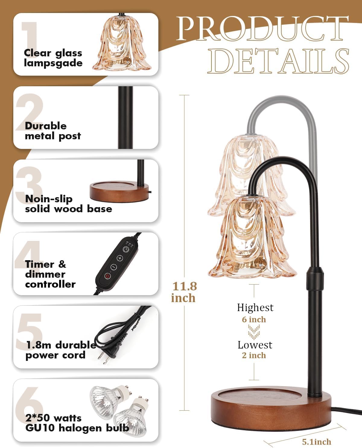 Lámpara Calentadora de Velas con Temporizador y Atenuador, Lámpara Calienta Velas Altura Ajustable, Candle Warmer Lamp Eléctrico con 2 Bombillas para Hogar Decoración (B)