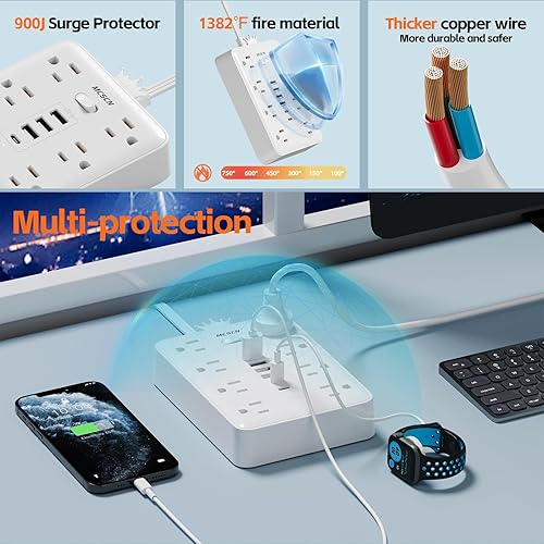 Miniatura 3 de Regleta protectora de sobretensiones (900J) -MCSCN 8 tomacorrientes 6 USB - 15A1875W - Cable de extensión de 10 pies, enchufe y cable ultrafino,