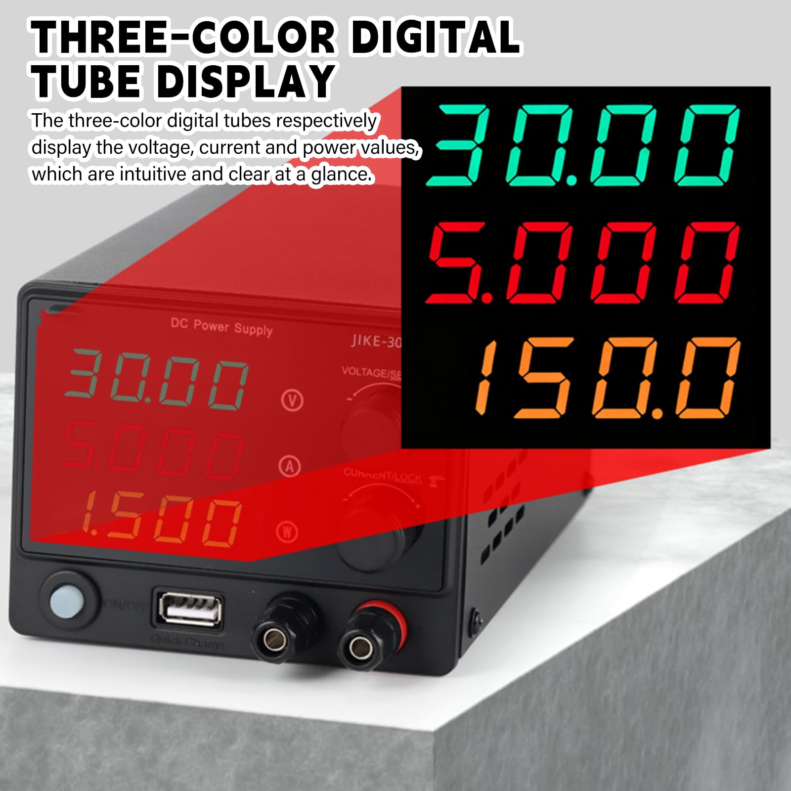 Bloc d'alimentation de laboratoire 30 V 5 A 150 W - Affichage LED à 4 chiffres et clé de verrouillage - DC 0-30 V 0-5 A - Mini bloc d'alimentation de laboratoire USB - Charge rapide - Alimentation à