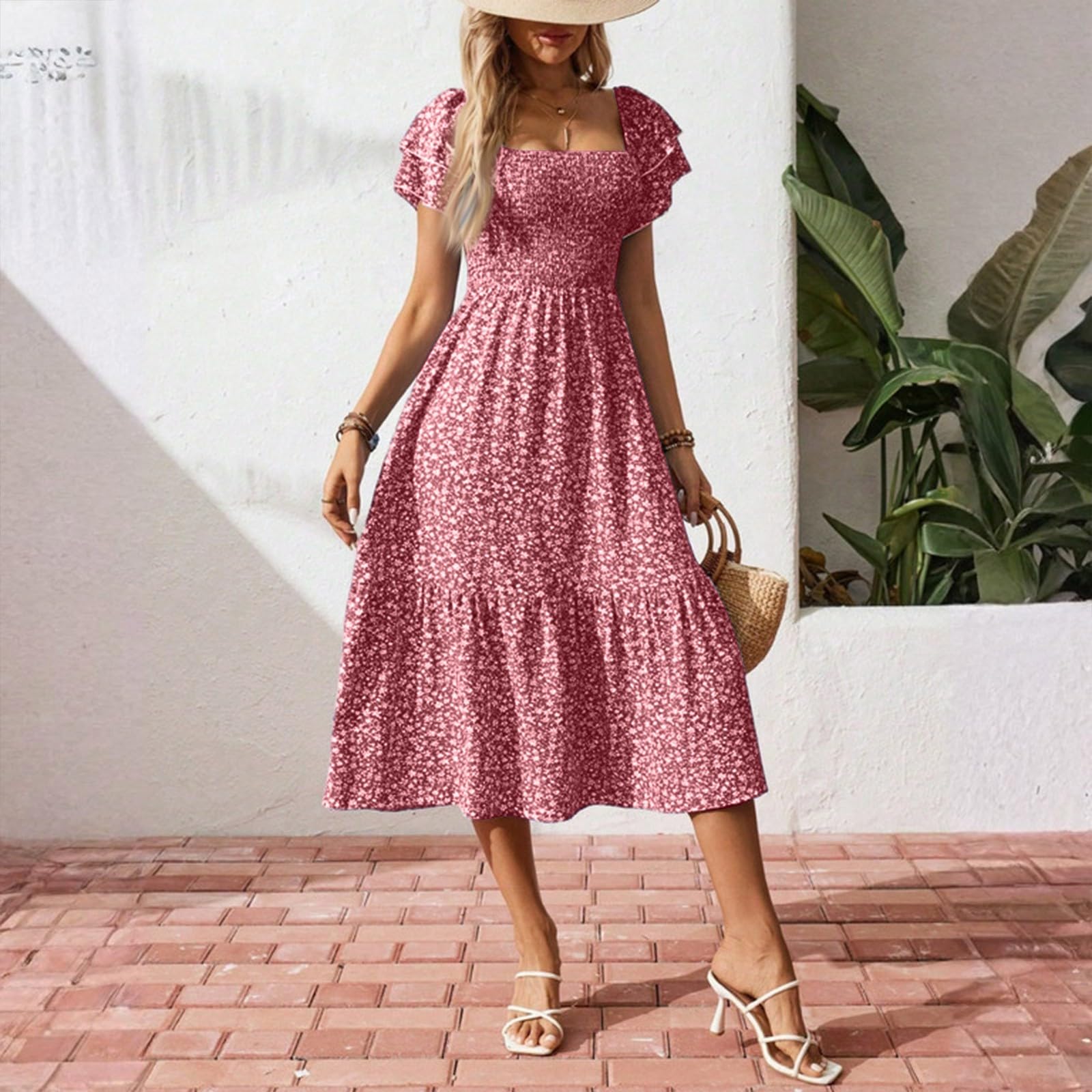 Damen Blumenkleid Elegant Lang Gesmoktes Kleid Midi A Linie Rüschen Italienische Kleider Sommer Geblümt Sommerkleid Leicht Und Luftig Midikleid Volant Schwingen Sommerkleider Frauen Corset
