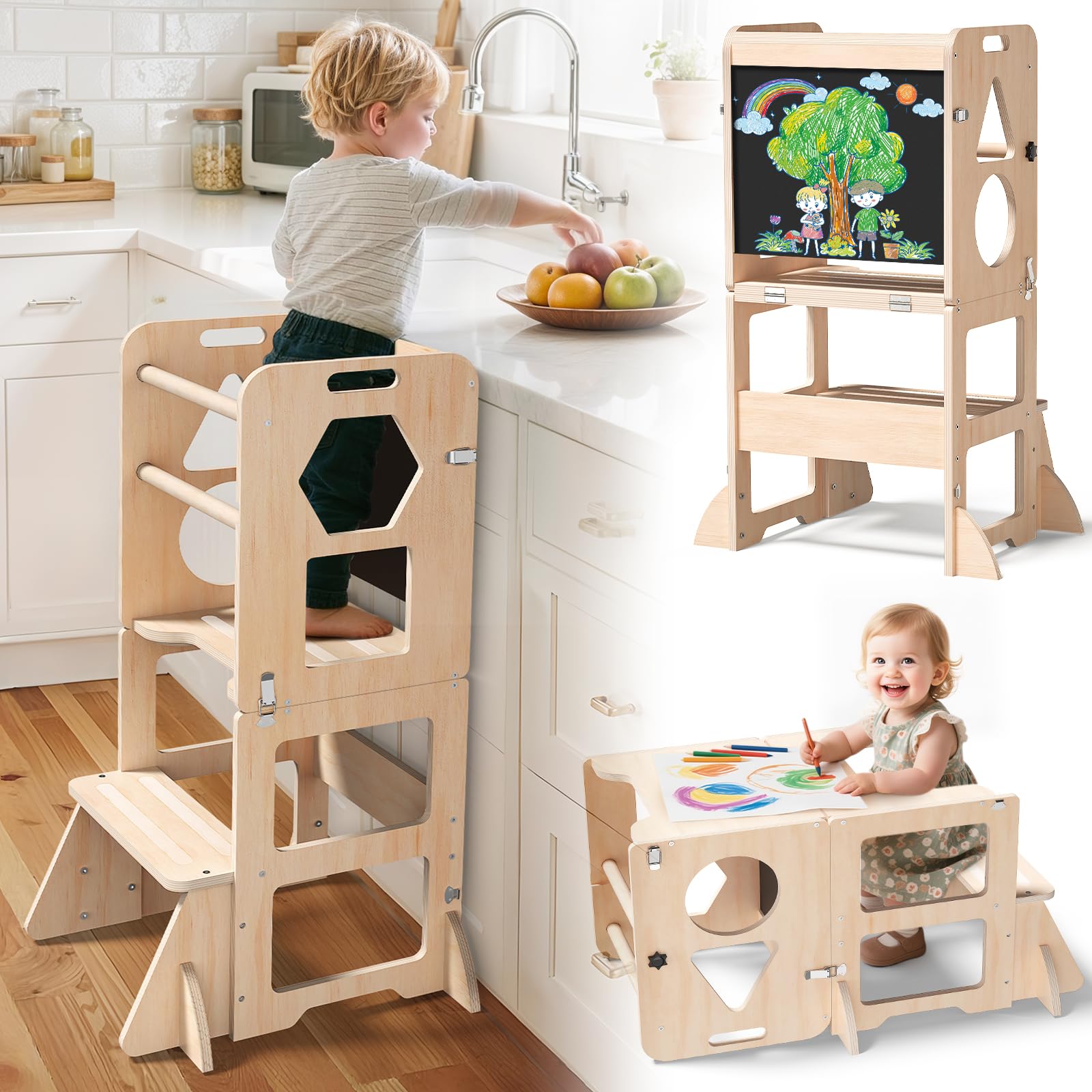 Woodure Lernturm ab 1 Jahr | 3 in 1 Learning Tower für Kinder | Klappbare Tritthocker mit Tafel | Lernturm Für Kinder, für Küche Tisch Bad
