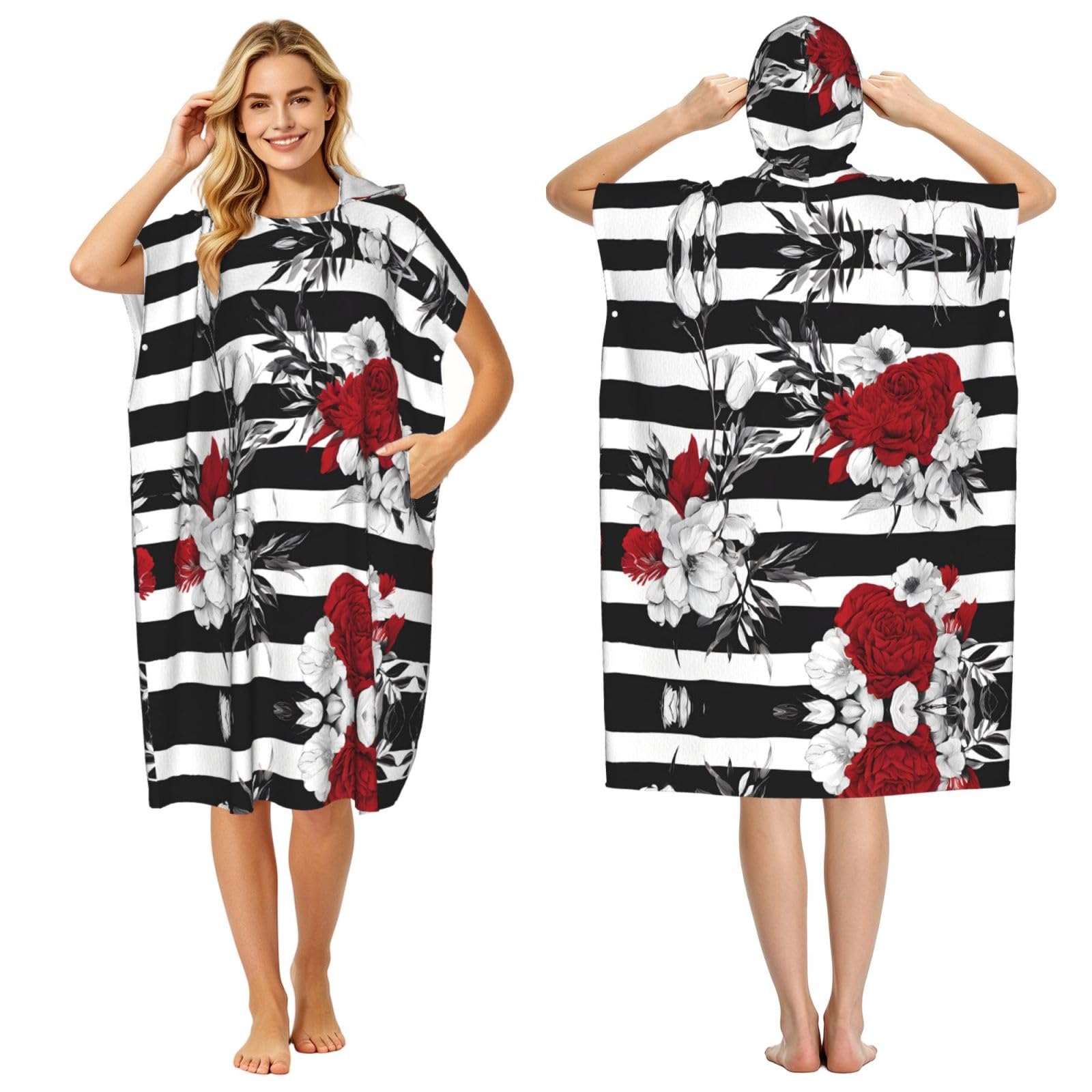 Poncho à capuche en microfibre imprimé roses pour le bain et le surf