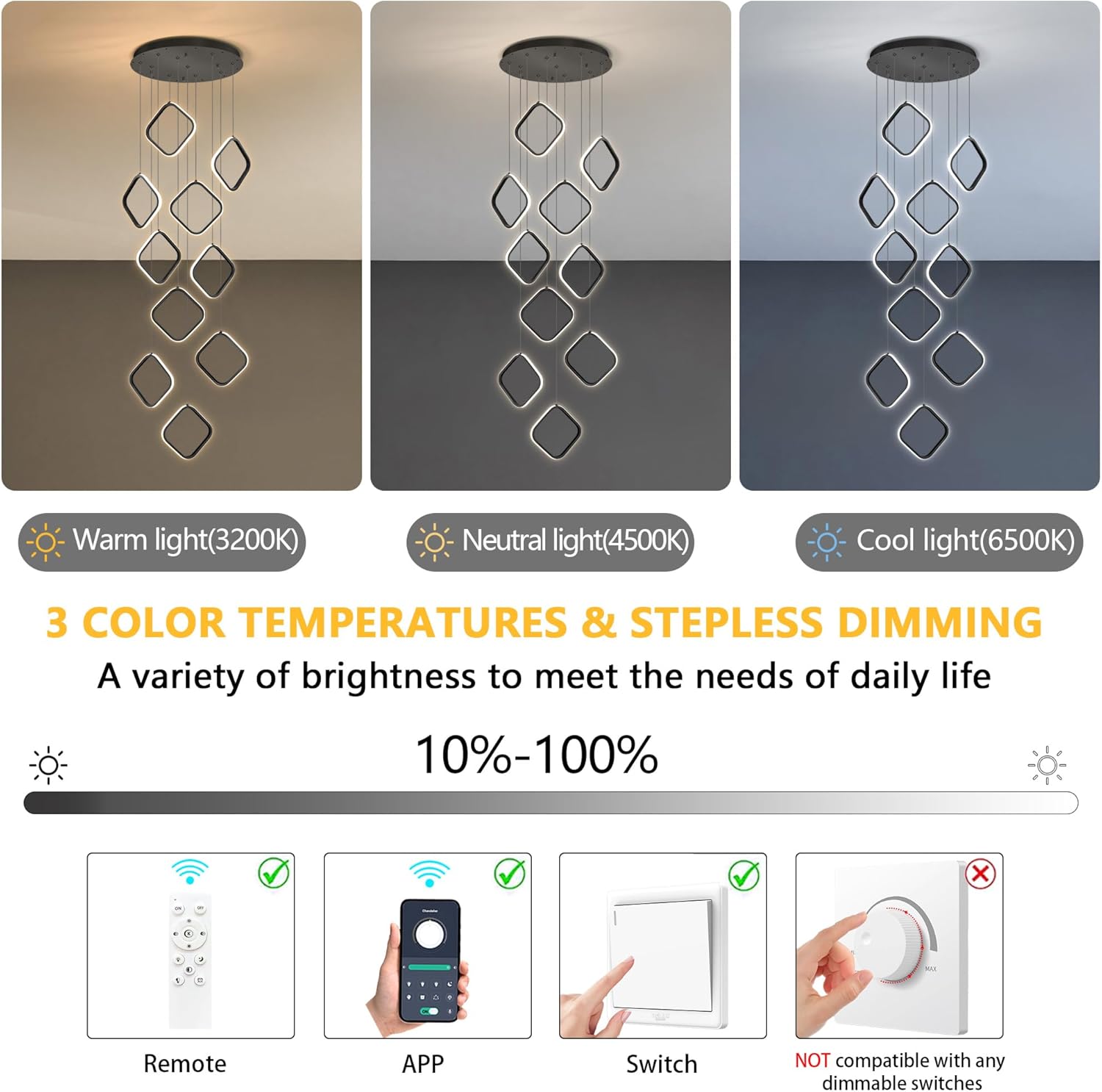 Modern 10 Rings LED Chandelier for High Ceiling Dimmable Staircase Light Fixture Remote Control Pendant Light for Living Room Foyer Entryway Black