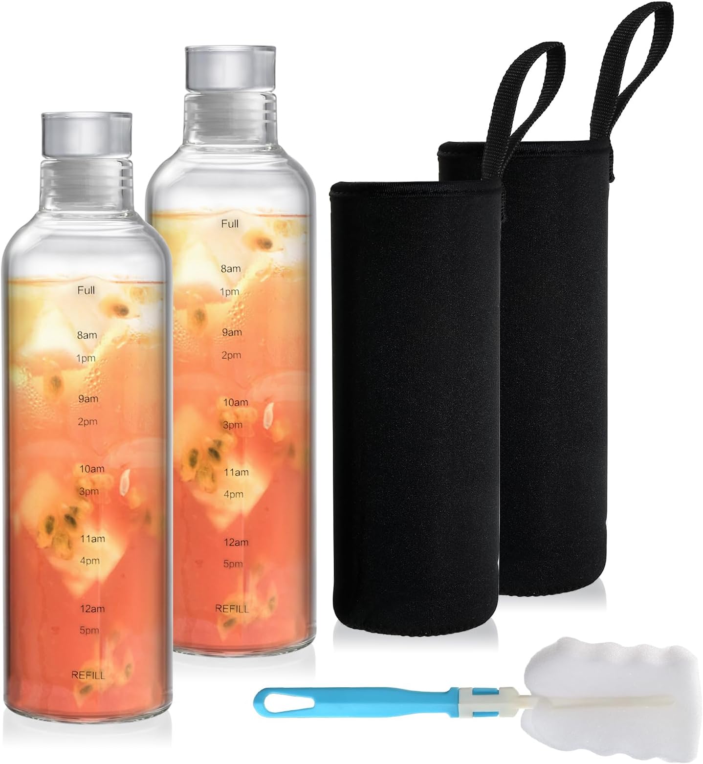 DNIENKGE 16oz Glass Water Bottle With Time Marker - Leak Proof, BPA Free, Microwave Safe (2 Pack)
