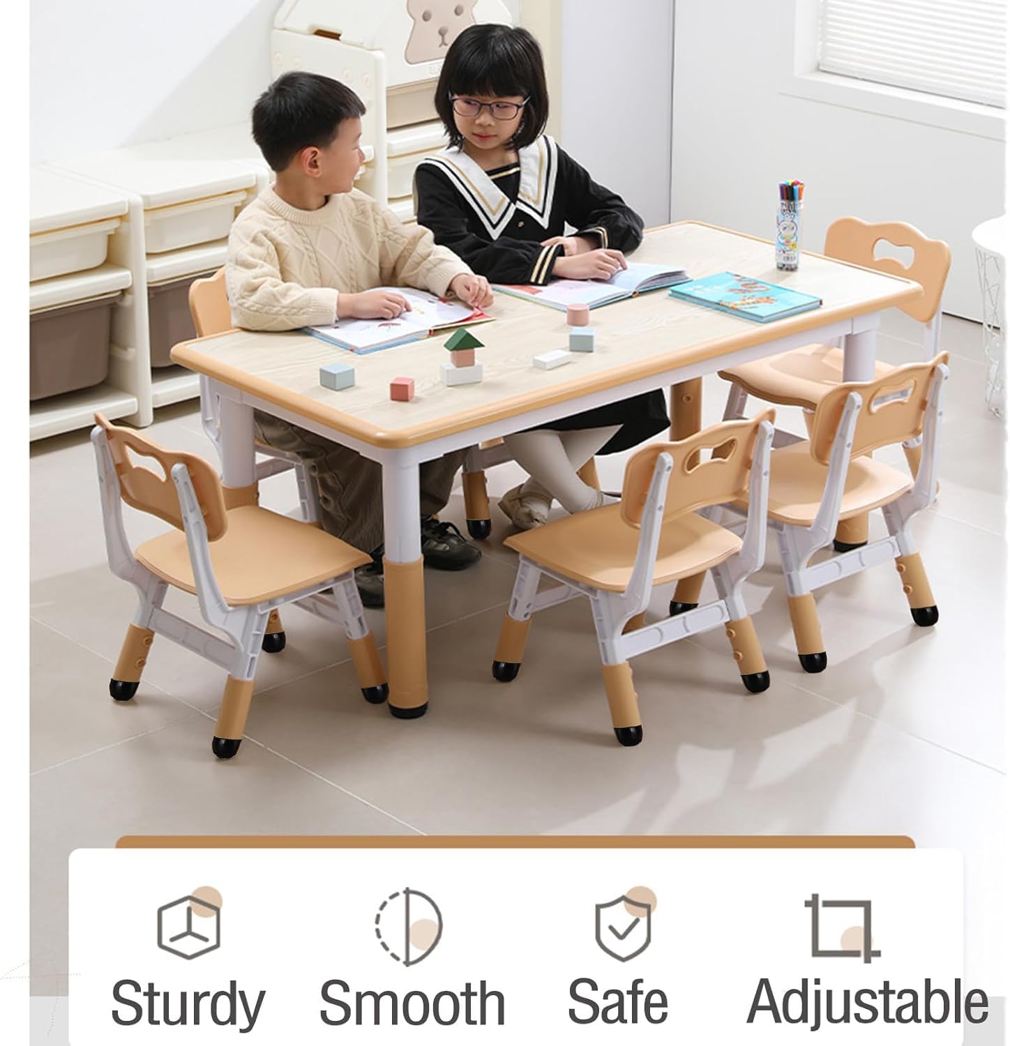 Kids Table and 6 Chairs Set, Height Adjustable Toddler Table and 6 Chair Set for Ages 2-10 for for Crafts and Study, Graffiti Desktop, Non-Slip Legs, Children Activity Table for Daycare, Classroom