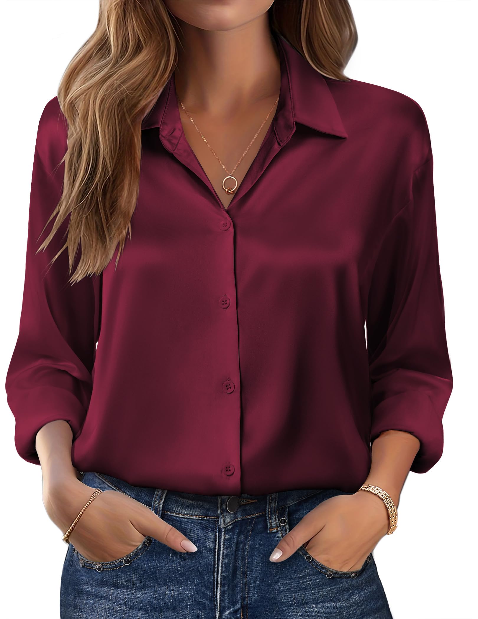 Zeagoo Camicia da donna in raso, con scollo a V, casual, elegante, a quadretti, in seta, a maniche lunghe