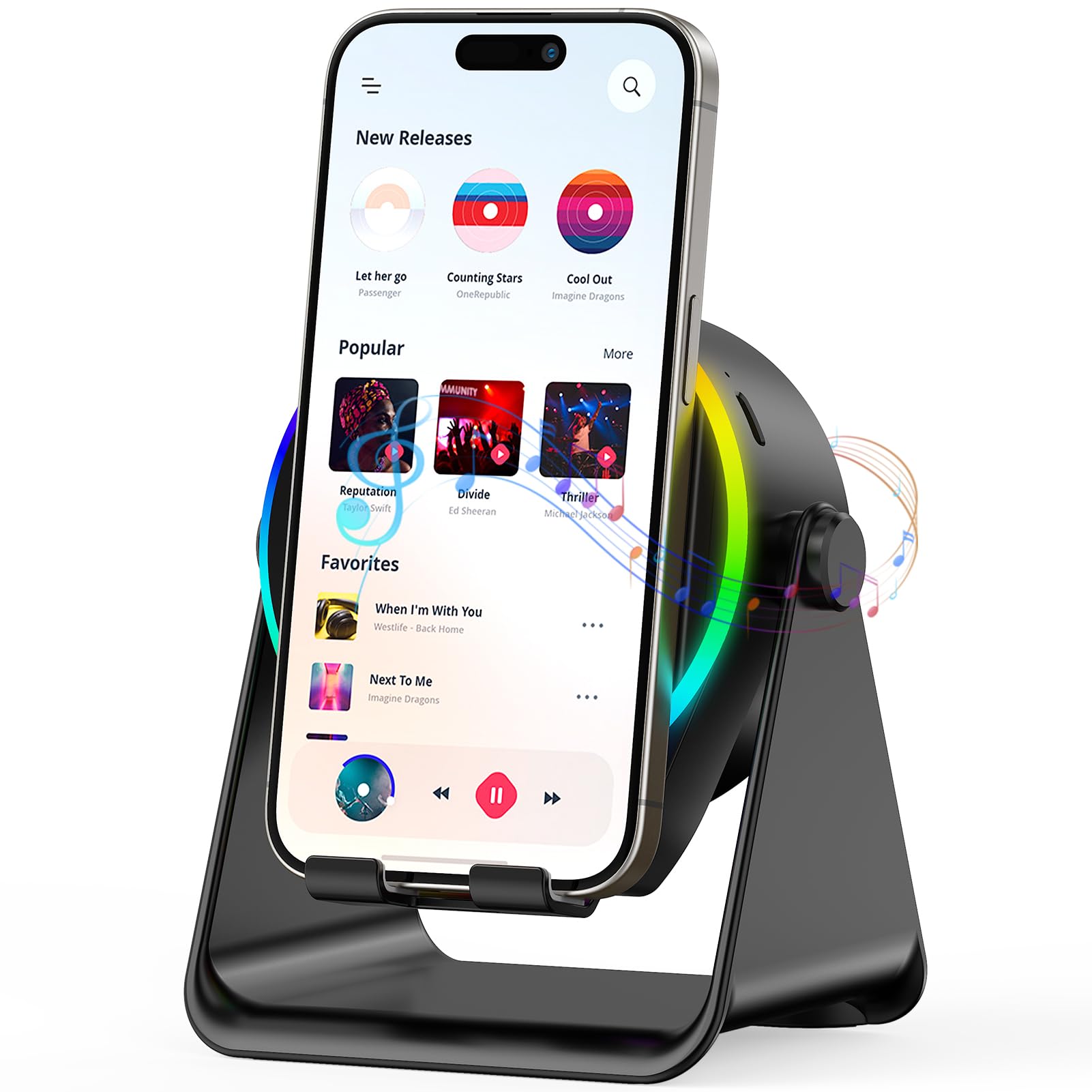 Wireless Induction Speaker- 4 in1 Bluetooth Speaker Phone Stand with Colorful Ambient Light 360° Rotation Compatible with iPhone/Android/iPad/Samsung Galaxy- Unique Birthday Gift for Men Women Adults