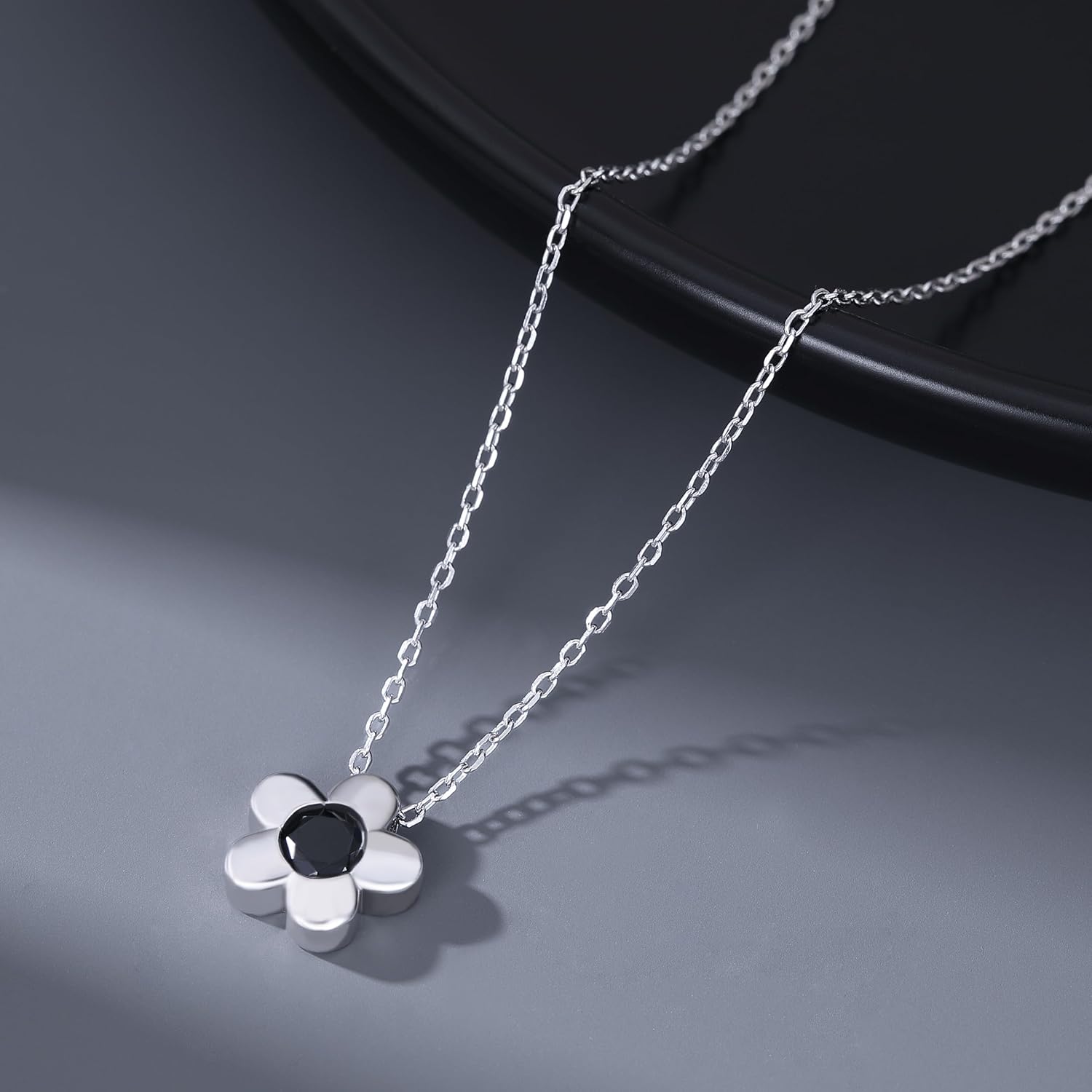 Reffeer Solid 925 Sterling Silver Black CZ Flower Necklace Chain for Women Teen Girls Dainty Daisy Pendant Necklace Choker - Image 5