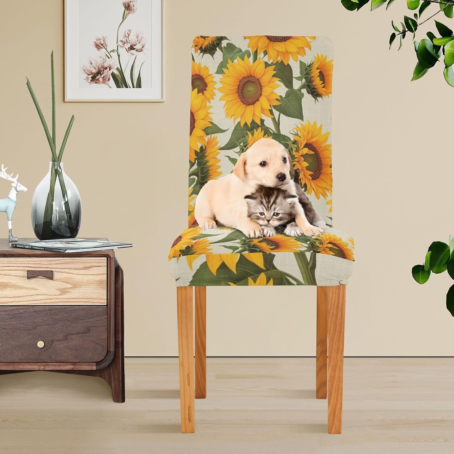 Vintage Sunflowers Dining Chair Covers 4 Pack Stretch Chairs Slipcovers Removable Seat Protector Cover