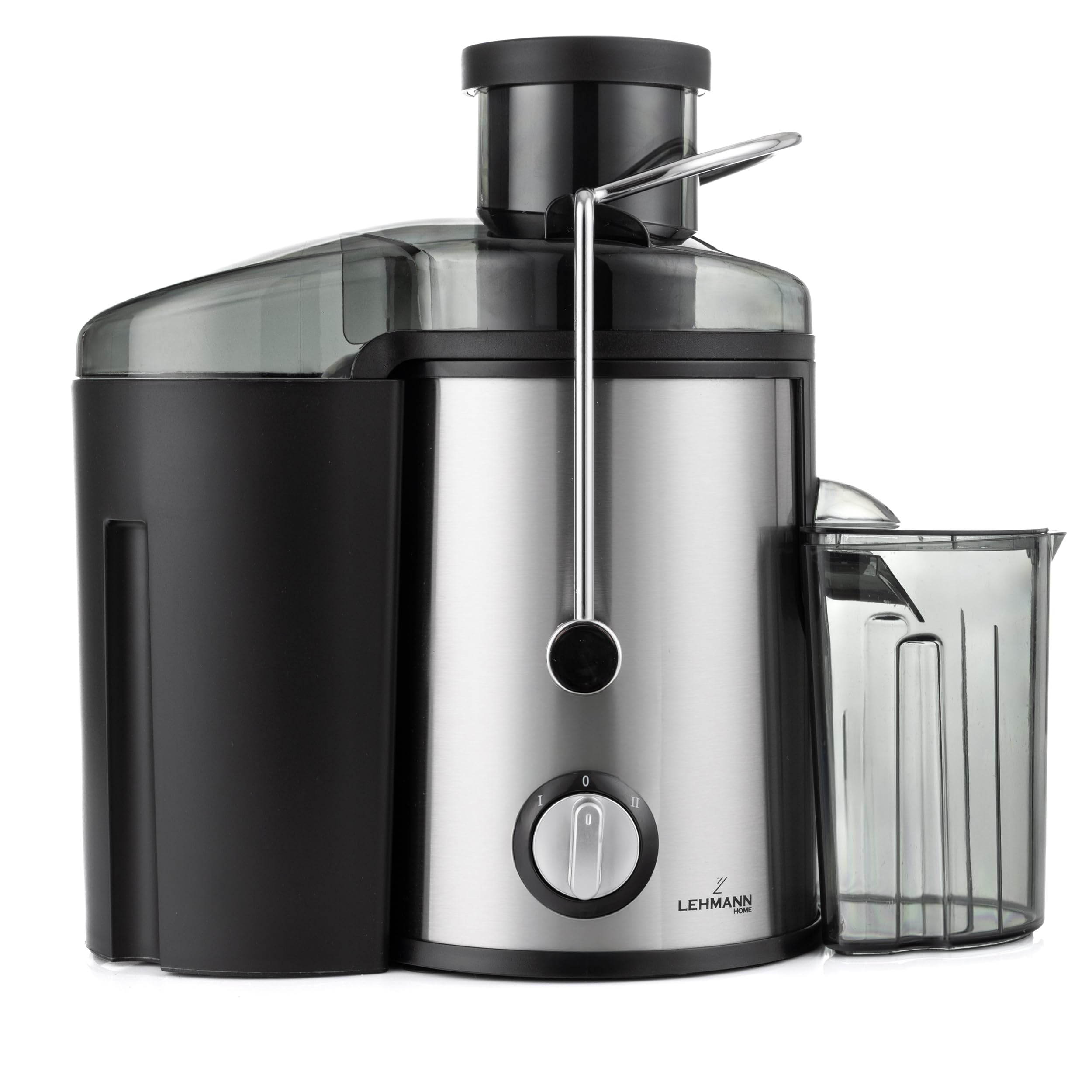 LEHMANN Centrifugeuse Extracteur de Jus, Préparation Rapide, Goulotte large de 75mm, Récipient à Pulpe 1,5L et Récipient à Jus 450ml, 2 Vitesses, Machine à Jus pour Légumes et Fruits