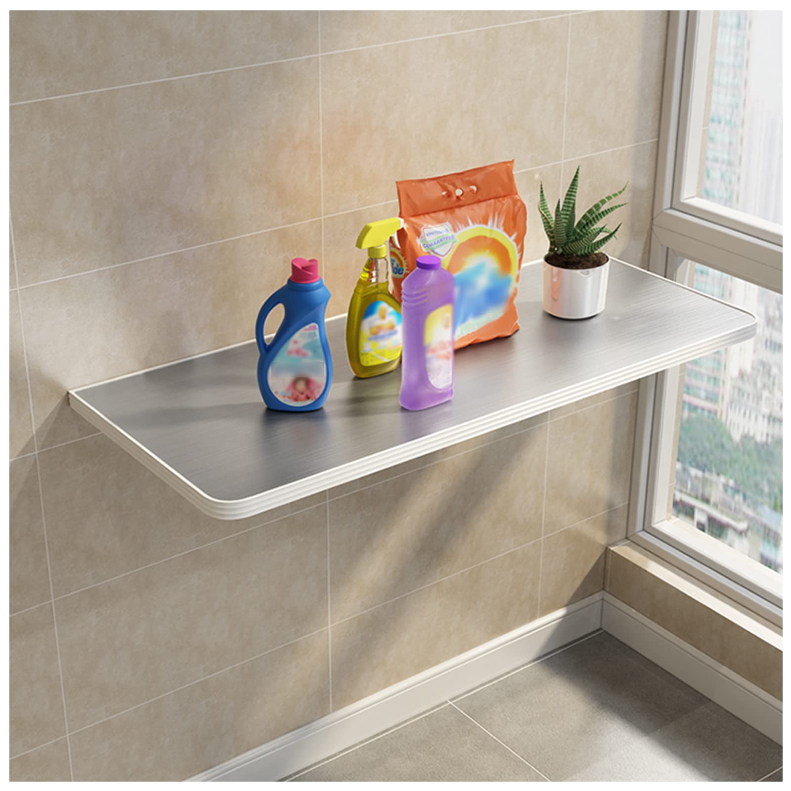 Table pliante murale inox avec support robuste pour cuisine et buanderie