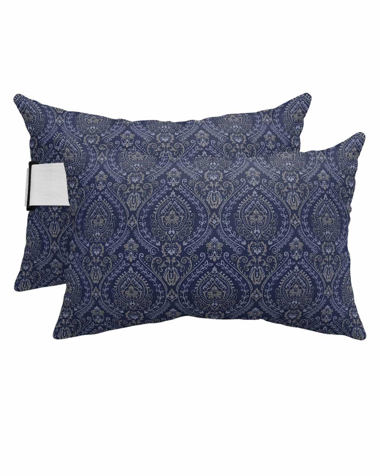 AMZRicher Navy Mandala Outdoor Waterproof Pillows for Recliner Chaise Lounge Chair, Traditional Oriental Boho Tribal Floral Lumbar Pillows with Inserts & Elastic Band for Patio Beach 2 Pack-12x20 in