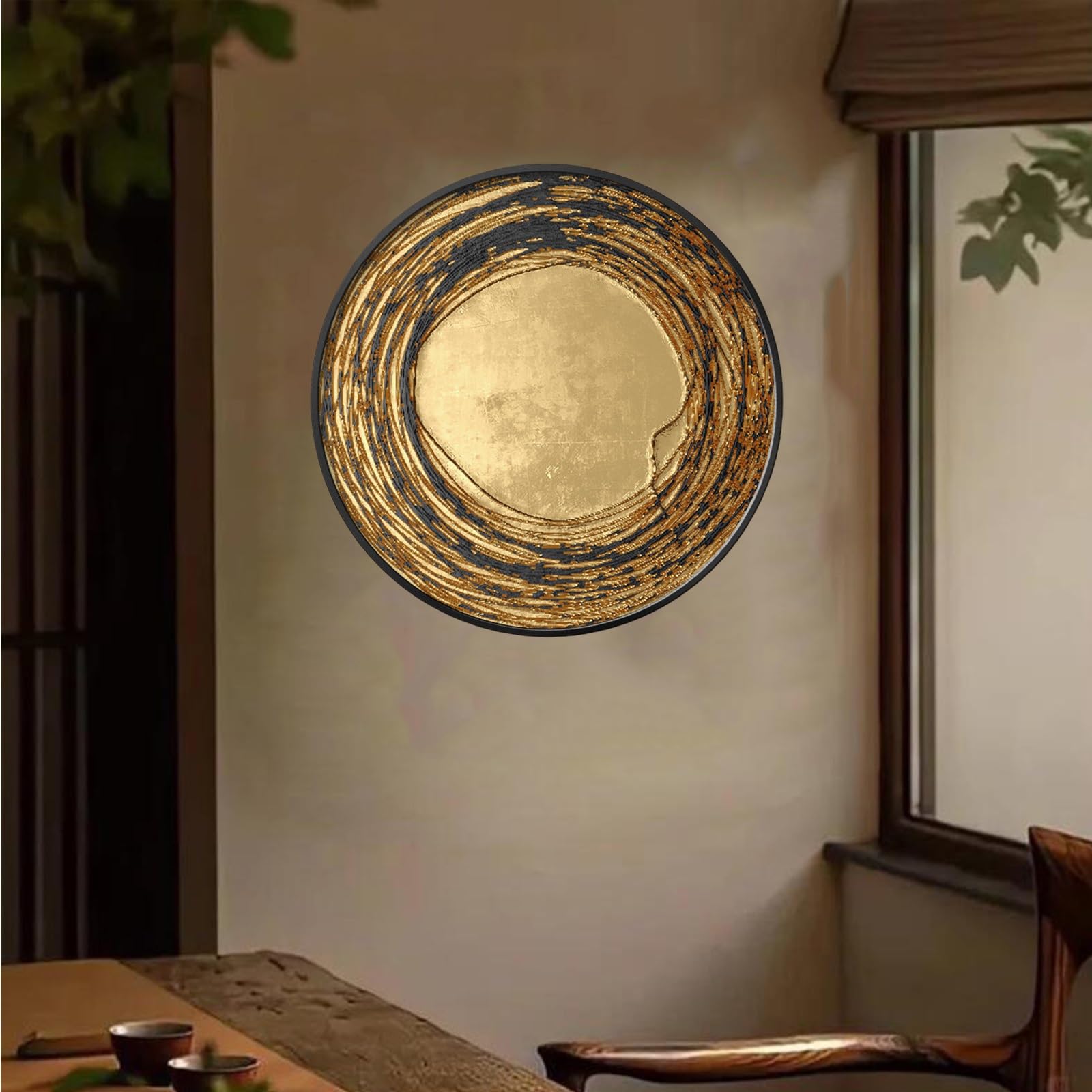 DAJIAYIQI Decoración de pared redonda, cuadros modernos en negro y dorado para el hogar, arte mural en lienzo 3D con marco, gran cuadro de lujo para la entrada o el recibidor(C)