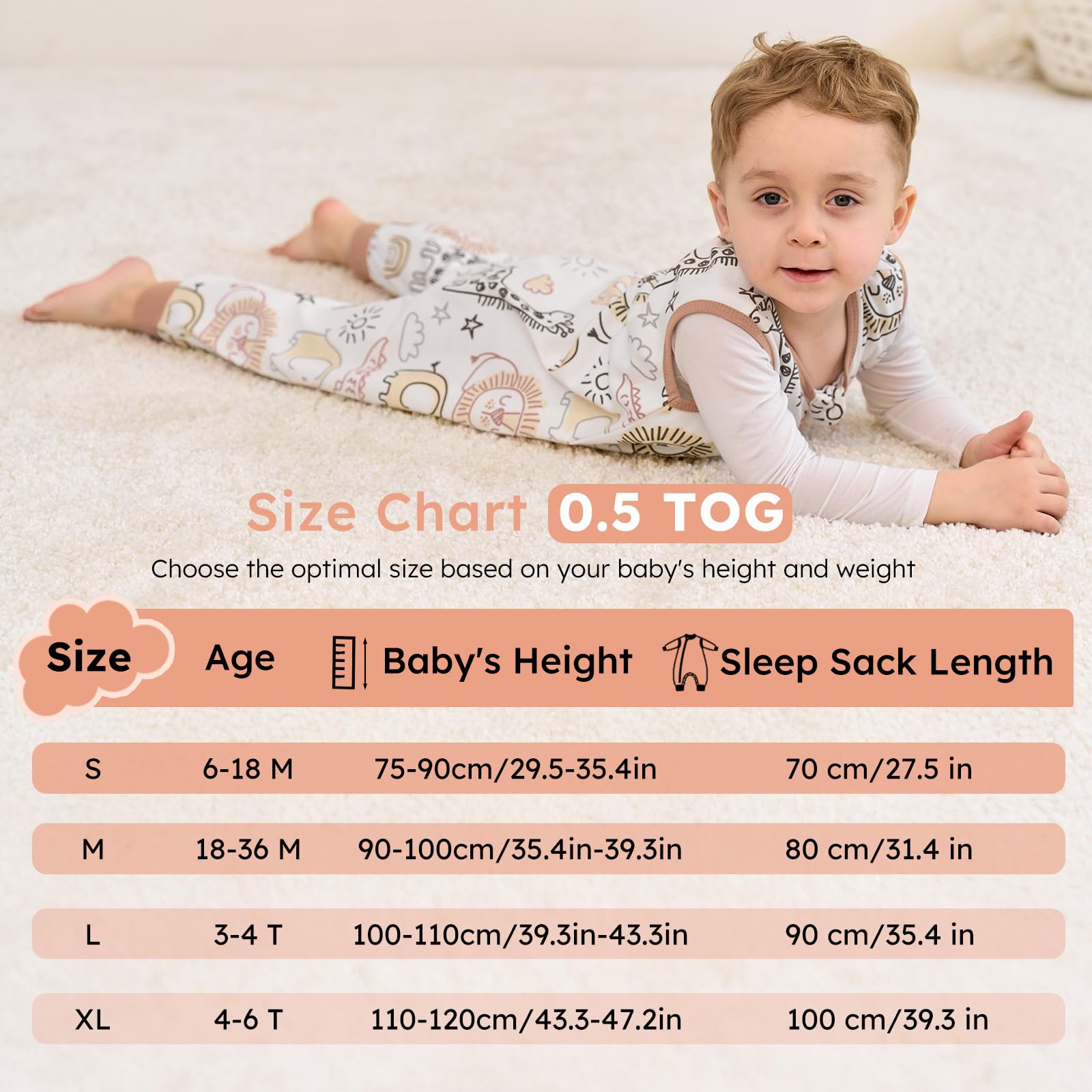 Yoofoss 2er Pack Baby Schlafsack mit Füßen 0.5 Tog 100% Baumwolle Schlafsack Baby mit Beinen Sommer Babyschlafsack für 18-36 Monate Kinder Jungen Mädchen 80 cm- Braun Tier