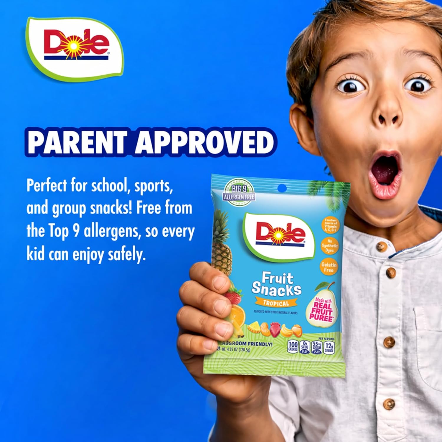Dole Fruit Snacks, Tropical Flavors - Individually Wrapped Pouches - Classroom-Friendly, Top 9 Allergen Free, No Artificial Dyes, Natural Fruit Purée - 1 Box, 12 Total Pouches