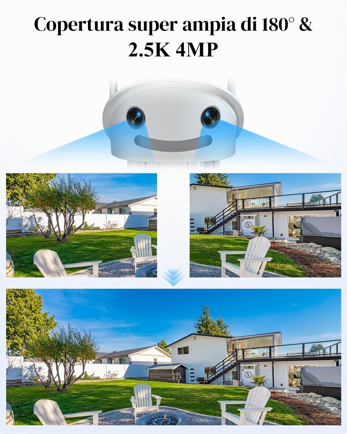 Ctronics 2.5K 4MP Telecamera WiFi Esterno con Angolo Ultra-ampio di 180°, Doppio Obiettivo Videocamera Sorveglianza Wi-Fi 2.4/5 GHz, Rilevamento di Persone/Veicoli/Animale, Visione Notturna a Colori | Angolo Ultra-ampio di 180°, Wi-Fi 2.4/5 GHz, Rilevamen