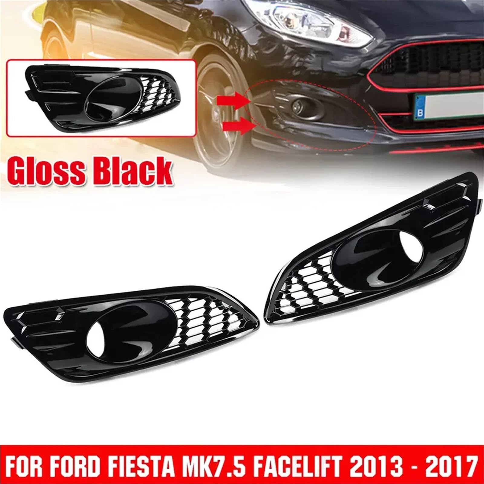 2 SZTUK Siatka Plaster Miodu Samochodowy Przedni Zderzak Przeciwmgielny Dolna Kratka Pasuje Do Forda Fiesty MK7 Zetec S/Sport 2012-2017(Gloss Black)