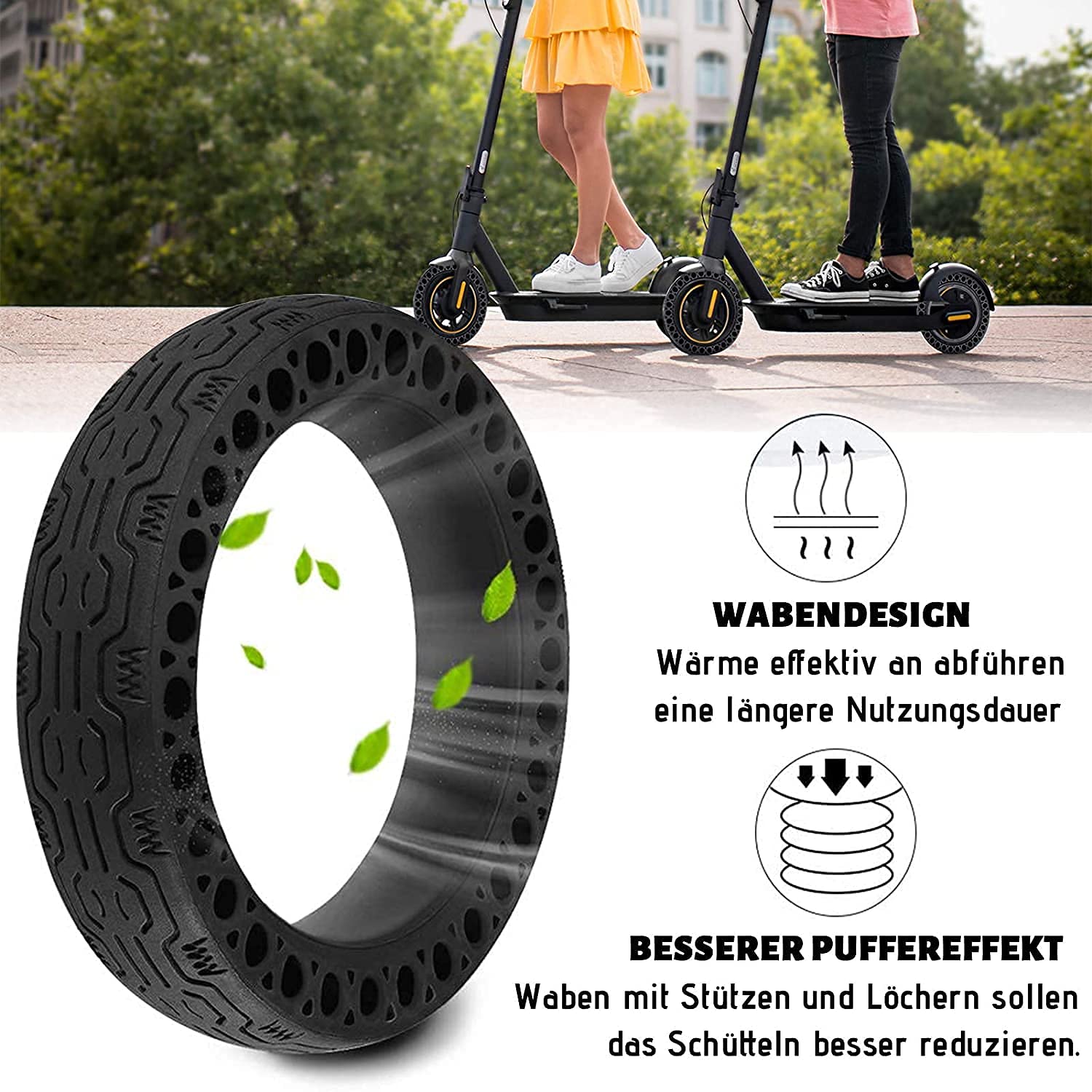 Pneu Solide - Tubes Solides à Trou en Nid d'abeille Pneus de Rechange 2 PCS avec 1 Démonte-Pneu pour Scooter électrique - Antidérapant Durable - Plusieurs Couleurs