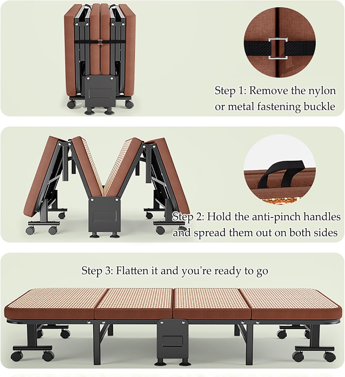 Folding Bed, Single, Camping Bed, Space Saving, Rattan Woven Mattress Fabric, 360° Noise Reduction Universal Wheels, 60/70/80/90x190CM, Load Capacity 240KG(70cm)