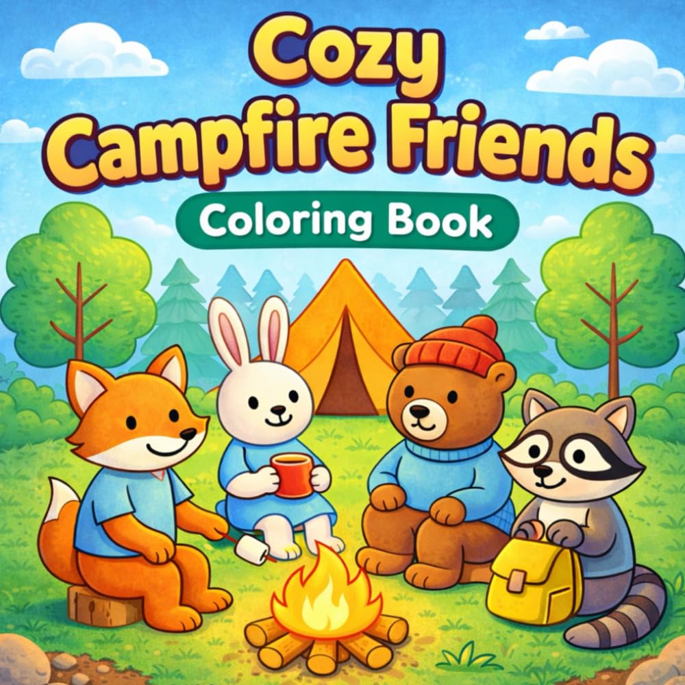 Cozy Campfire Friends Coloring Book: Bold and Easy Cute Animals Camping Theme Coloring Pages with Storyline