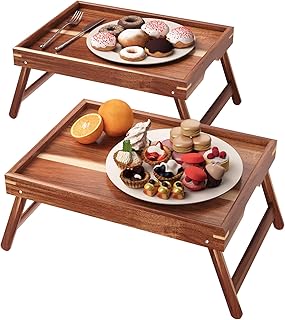 2 Pack Acacia Wood Bed Tray Table with Folding Legs,Breakfast Trays,Serving Tray for Food and Snack,Laptop Trays for Working(Natural)