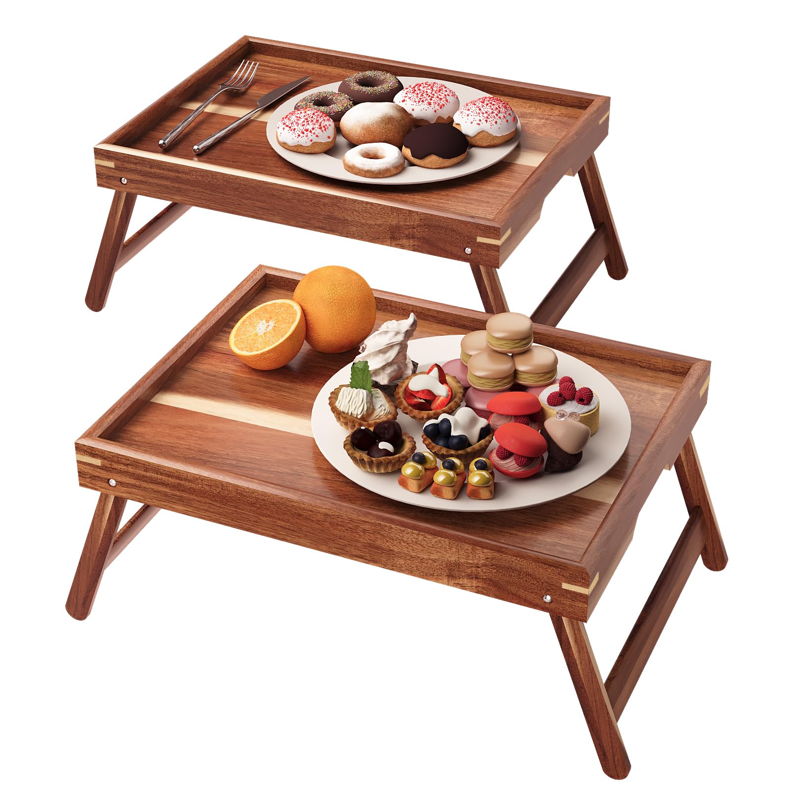 Fibogollo 2er Pack Betttablett mit klappbaren Beinen,Akazienholz Frühstückstabletts,Serviertablett Betttisch für Essen and Snack, Laptoptabletts zum Arbeiten