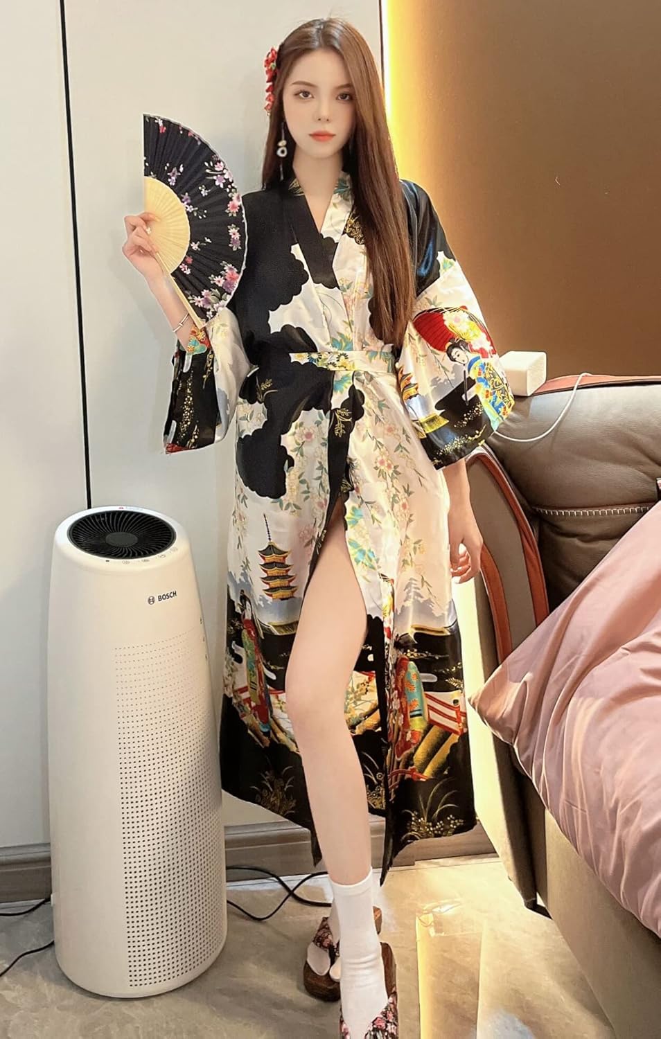 Long Kimono Satin Printed Lightweight Cardigan Jacket Coat Yukata Cloak Bathrobe Tops fans Tabi socks set - Image 3