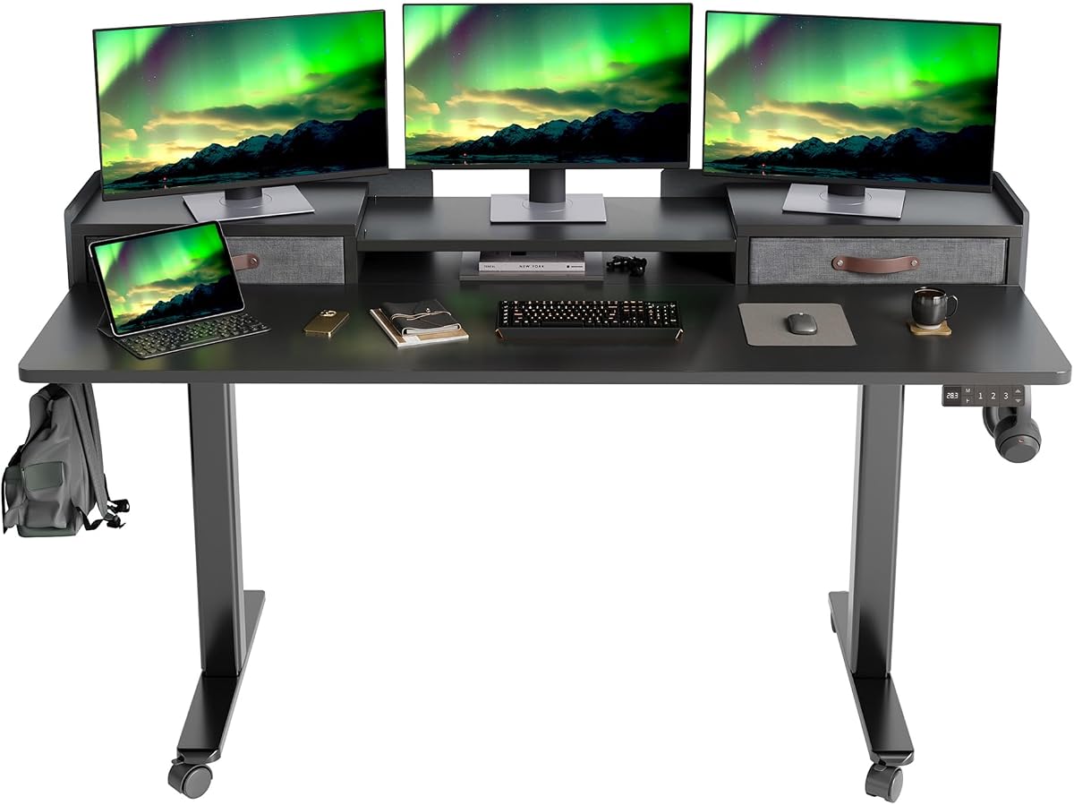 Claiks Standing Desk with Drawers & Wheels, 2 Height Shelf 63" Black | 2 height adjust shelf, tabletop drawers, felt fence design, sturdy supports 176 lbs, 4 wheels, 2 tire monitor stand