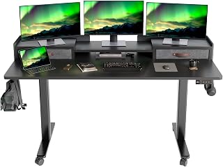 Claiks Standing Desk with Drawers & Wheels, 2 Height Shelf 63" Black