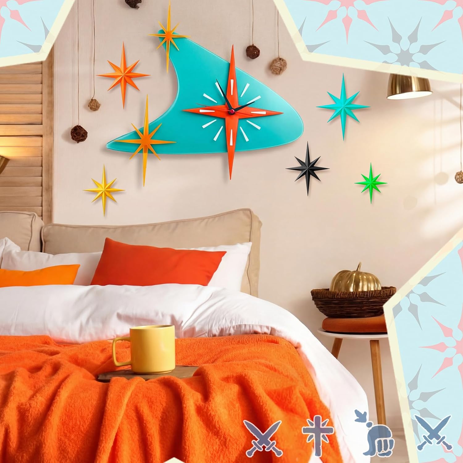 Thyle 25 inch Mid Century Modern Wall Clock Decor with 5 Pcs Retro 3D Star Art Wall Sculpture Starburst Clock art Vintage Home Decor Accent for Living Room Bedroom Office(Retro)