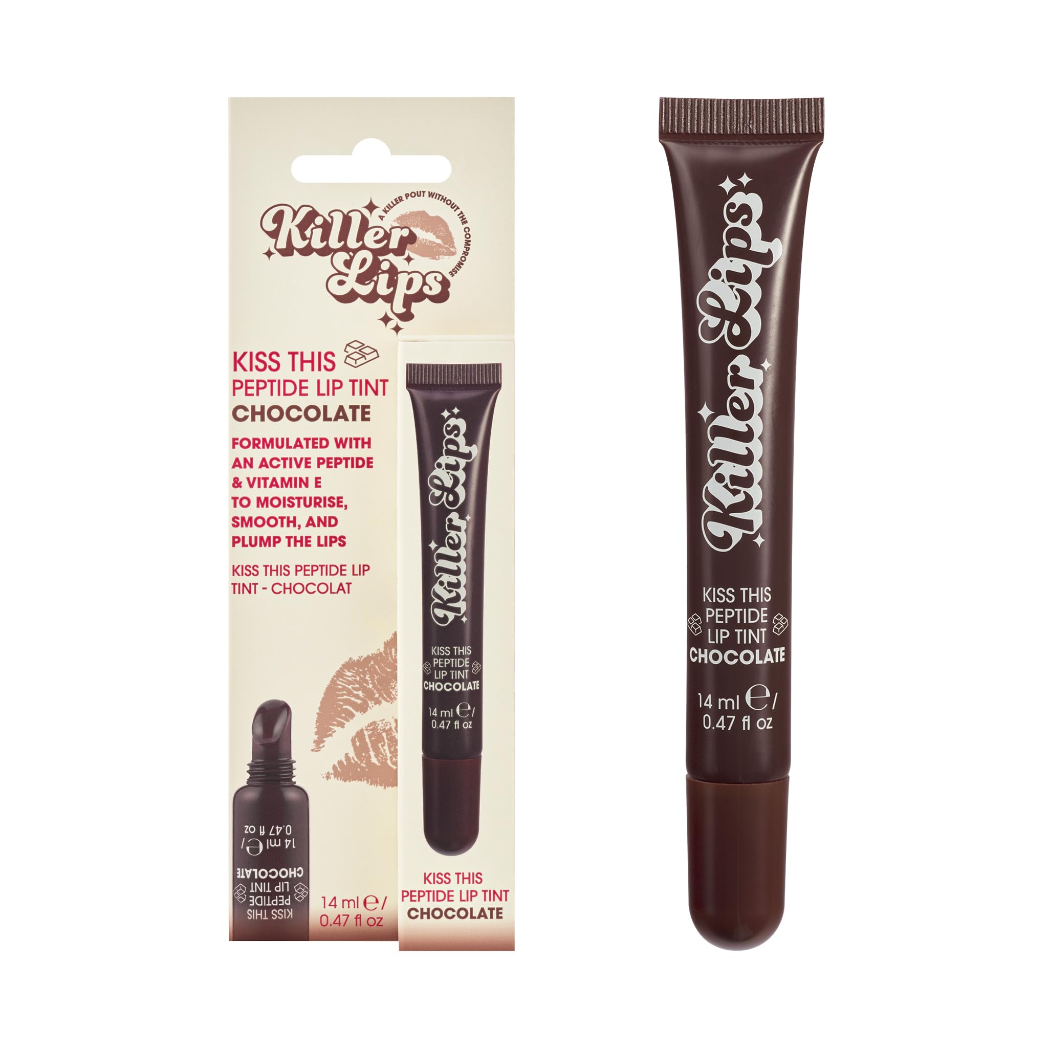 Killer Lips Kiss This Peptide Lip Tint – Chocolate 14ml Peptide-Powered Rich Brown Lip Tint with Vitamin E, To Smooth & Hydrate for Soft, Kissable Lips, Chocolate Scented