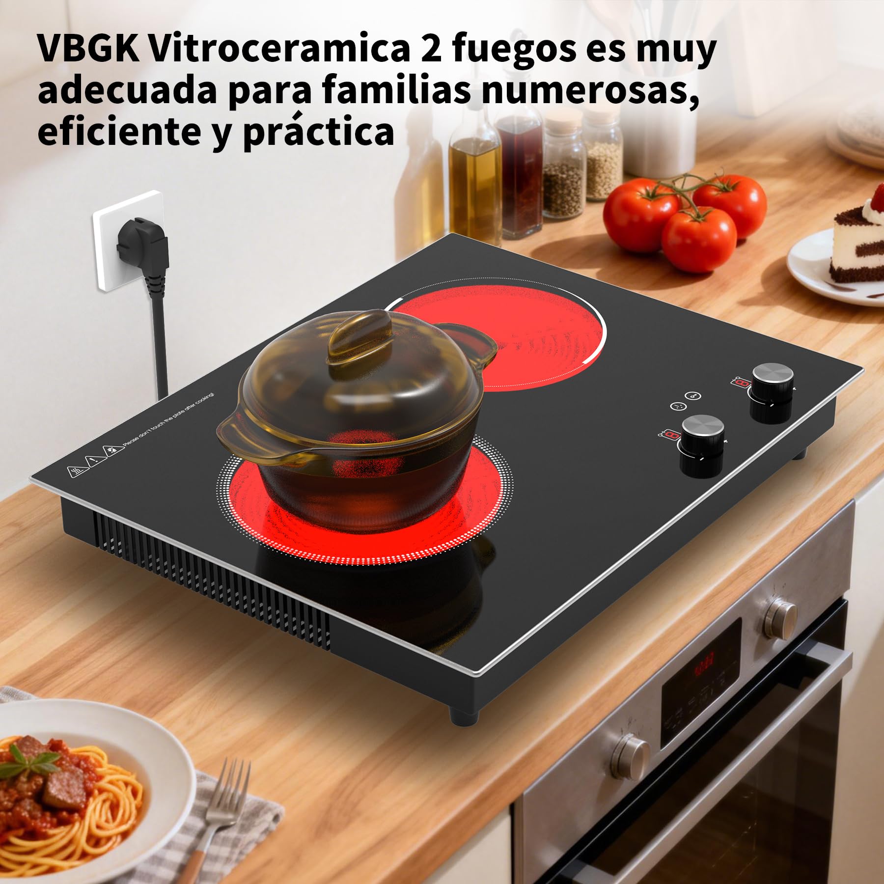 VBGK vitrocerámica 2 fuegos,3000W Empotrable y de sobremesa vitrocerámica 2 fuegos，9 niveles de potencia, temporizador y bloqueo de seguridad para niños.