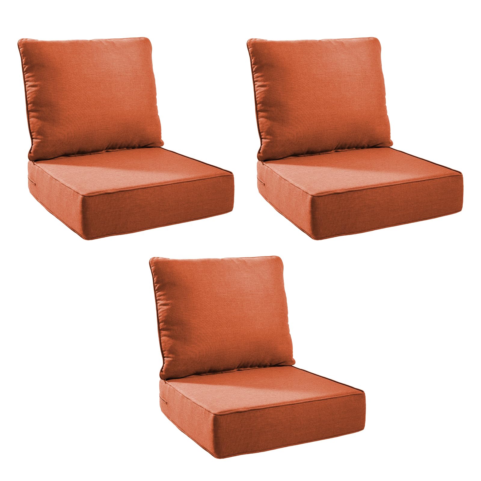 Outdoor Cushion Set for Patio Furniture, UV Resistant, Water Resistant - 6 Inch Thick Foam Garden Cushions– 24x24 Inch Patio Seat Covers for Chair/Sofa/Couch | Orange | 3-Pack |