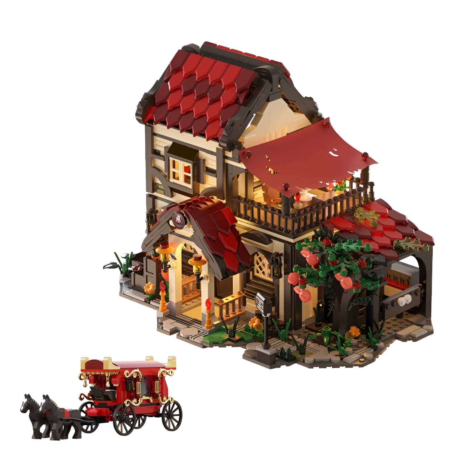Medieval Carriage Station Building Set, 2105PCS 2-in-1 Modular House & Horse Carriage Model Toys, European Retro Architecture Bricks Kit for Adults, Collectible Display & Unique Home Decor Gift