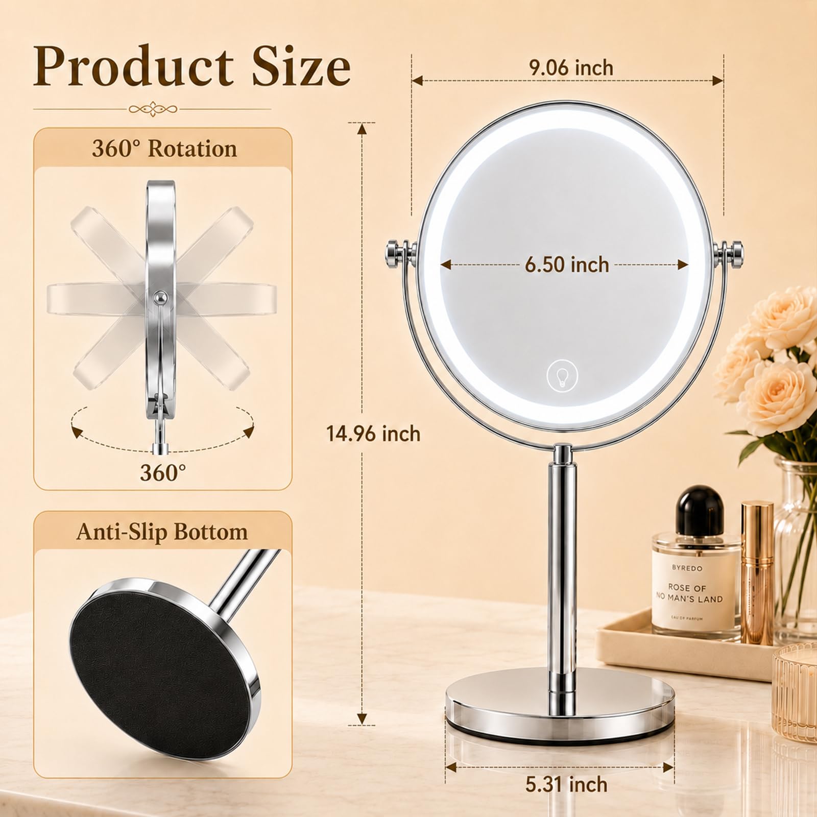 Ysenchan Espejo de maquillaje iluminado, espejo de aumento LED recargable de 8 pulgadas, espejo de manipulación 5X de doble cara con soporte, espejo de escritorio de pie cosmético
