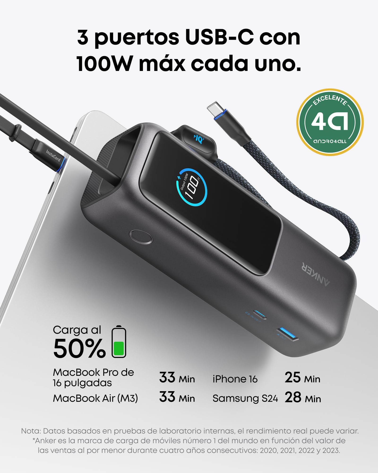 Anker Zolo Power Bank Cargador portátil de 25000mAh y 165W, Tres