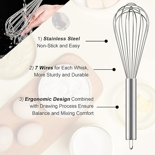 Miniatura 3 de Ouddy Paquete de 3 batidores de acero inoxidable de 8  10  12 pulgadas juego de batidores de alambre para cocinar mezclar batir batir revolver