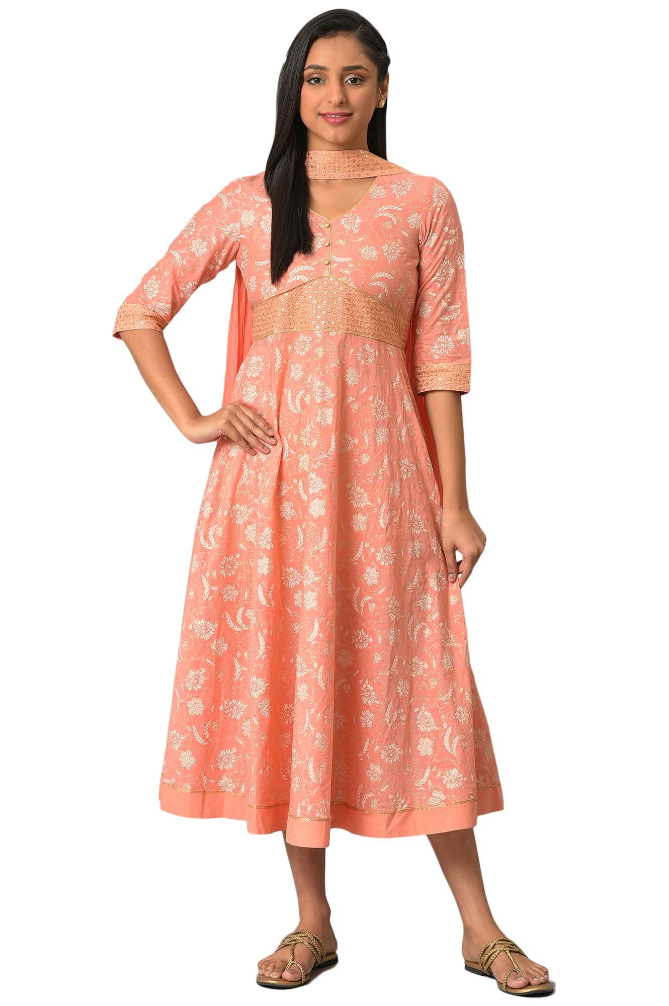 aurelia Women's A-Line Mid-Thigh Floral Print Cotton Dress with Dupatta-picture-36